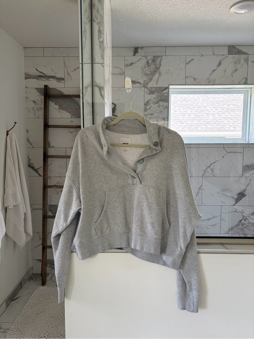 AERIE Gray Funnel-Neck Button Pullover Sweatshirt